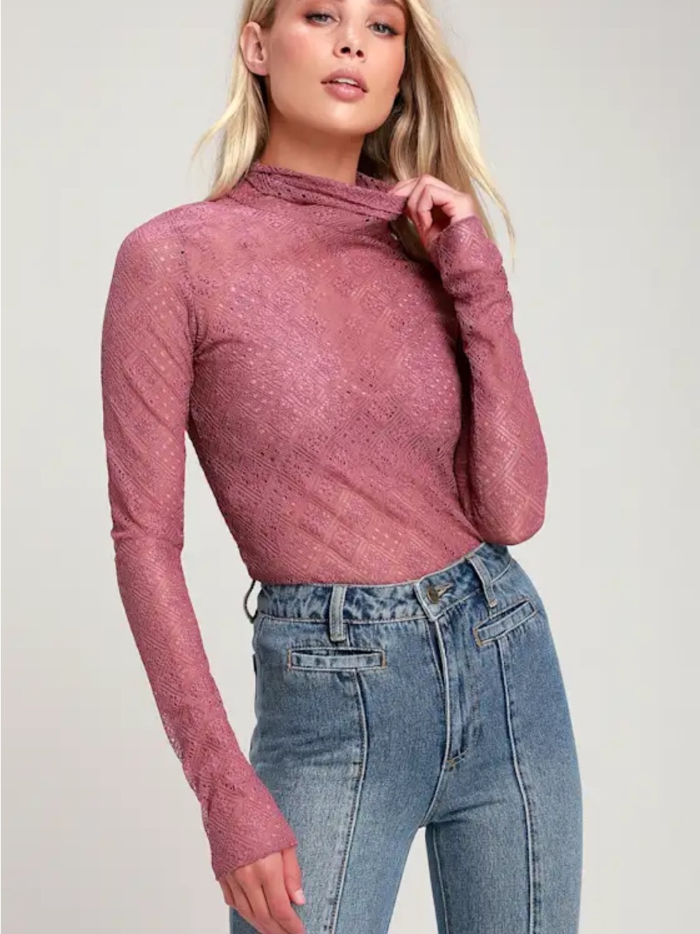 Free People Lace Mock Neck Long Sleeve Top in Dusty Rose